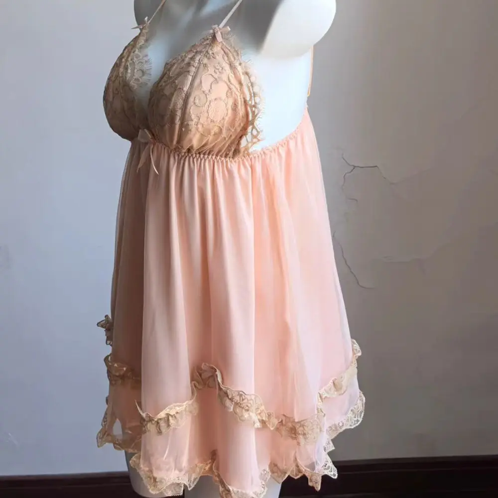 Lace Bowknot Women's Pajama Dress Flower Ruffle Suspender Nightdress Sleeveless Sleepwear Sling Nightgown with Pads Summer
