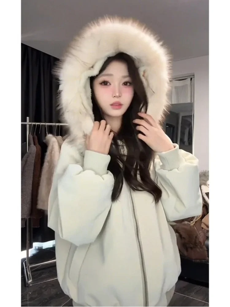 

Теплая хлопковая куртка с капюшоном на флисовой подкладке и большим меховым воротником для женщин, зимнее пальто из искусственной кожи, модное повседневное свободное пальто на молнии