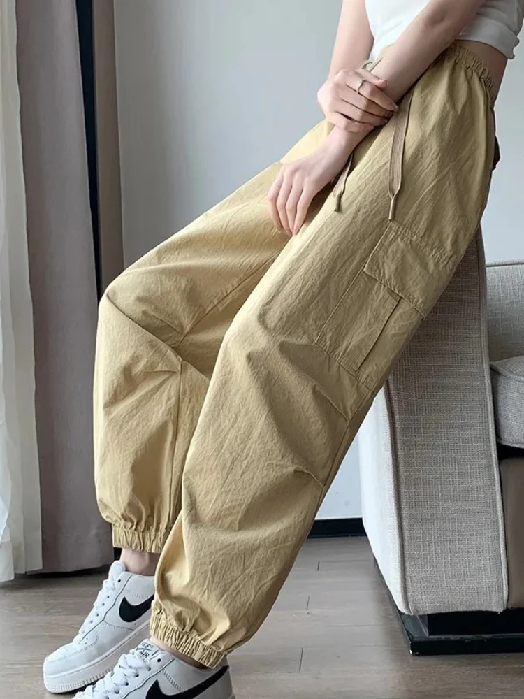 Amerikaanse stijl kaki met zakken elastische taille damesbroek effen outfits jaren 90 katoen G Trends 2025 originele broek voor dames