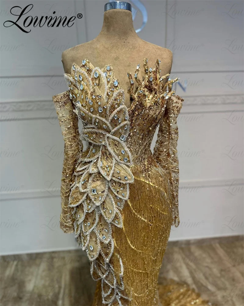 Gold Luxury Glitter Arabic Dubai Evening Dresses Off Shoulder Mermaid Prom Dress Split Side Crystals Tassel 3D Leaf Party Gowns