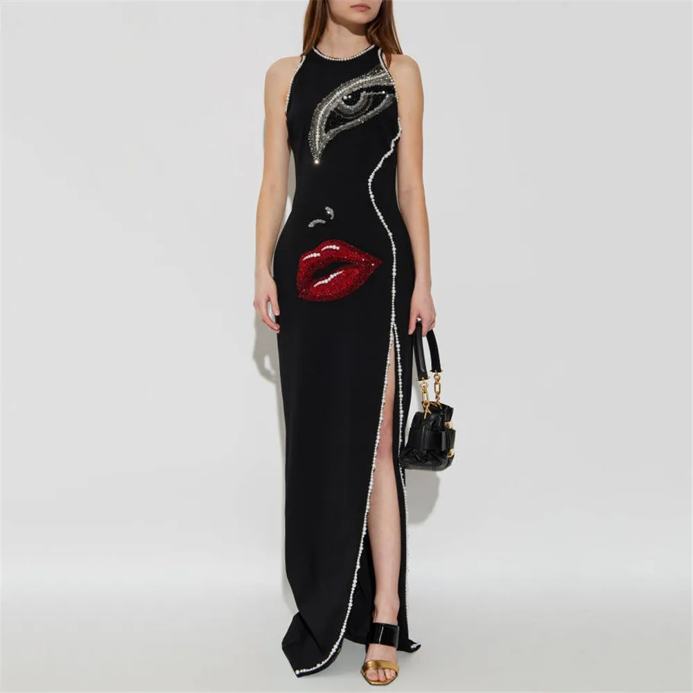 Nuevo estilo de ropa de mujer a la moda elegante con cuentas y incrustaciones de diamantes diseño dividido elegante vestido vendaje estilo celebridad