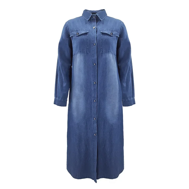 Women Long Dress Single Breasted Full Sleeve Denim Dresses Solid Turn Down Collar Splice Slim Fit Vestidos Casual Autumn