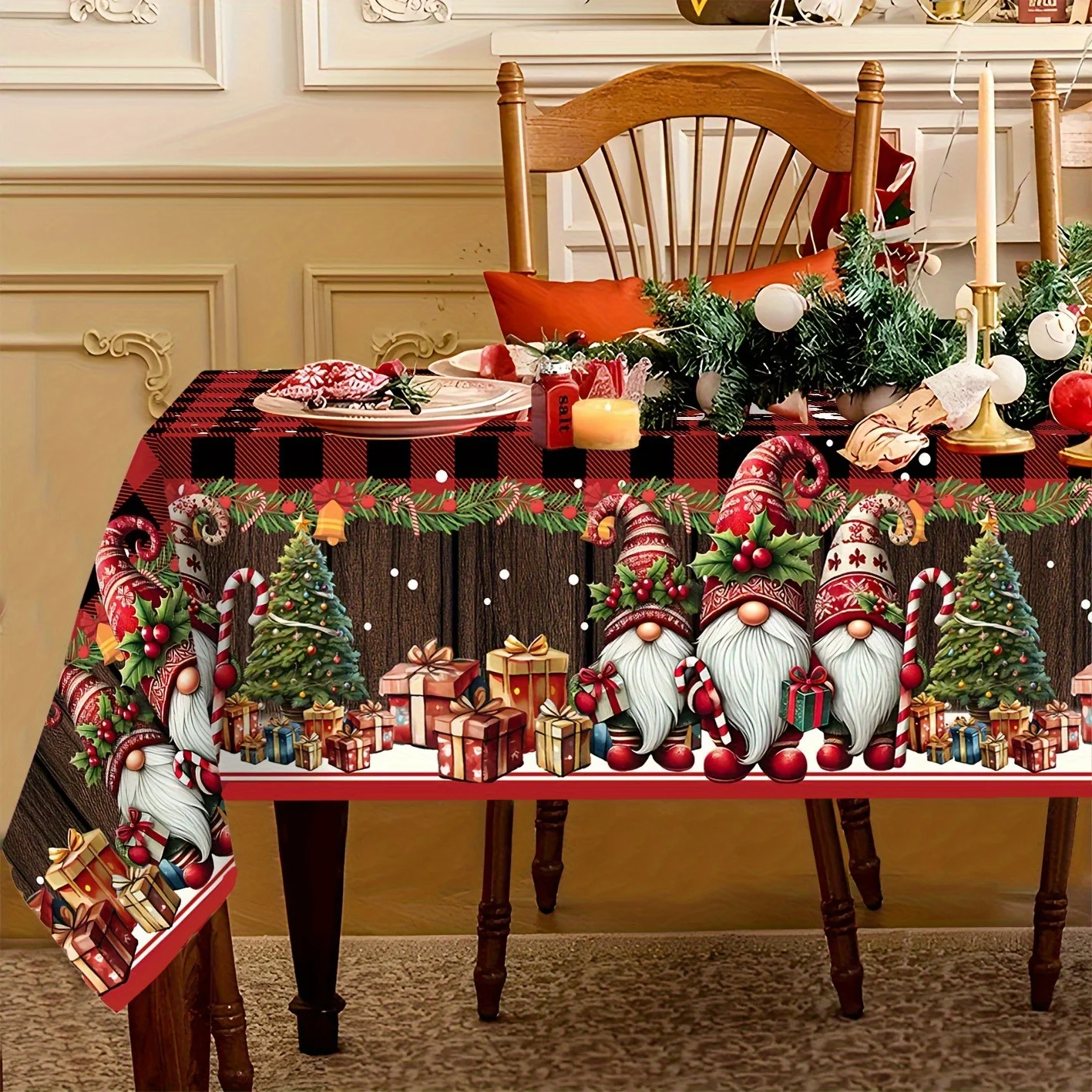 1pc Christmas Gnome Buffalo Plaid Round Tablecloth Rustic Wood Grain Xmas Tree Gift Party Table Cover for Holiday Dining Room