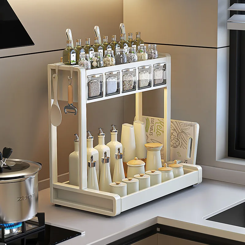 

5-in-1 Spice Rack Organizer Bamboo Kitchen Counter Shelf with Knife Holder Space Saving Kitchen Storage Rack