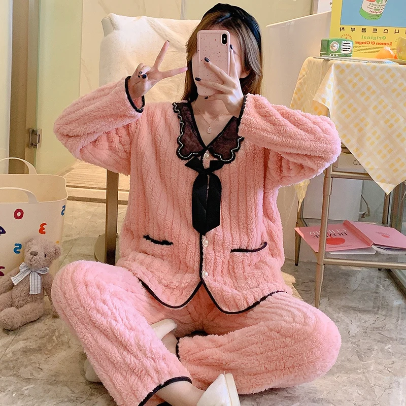 2pc Plus Velvet Pajamas Women Winter Flannel Long-Sleeved Thickening Coral Fleece Cute Autumn And Winter Home Service Suit Women