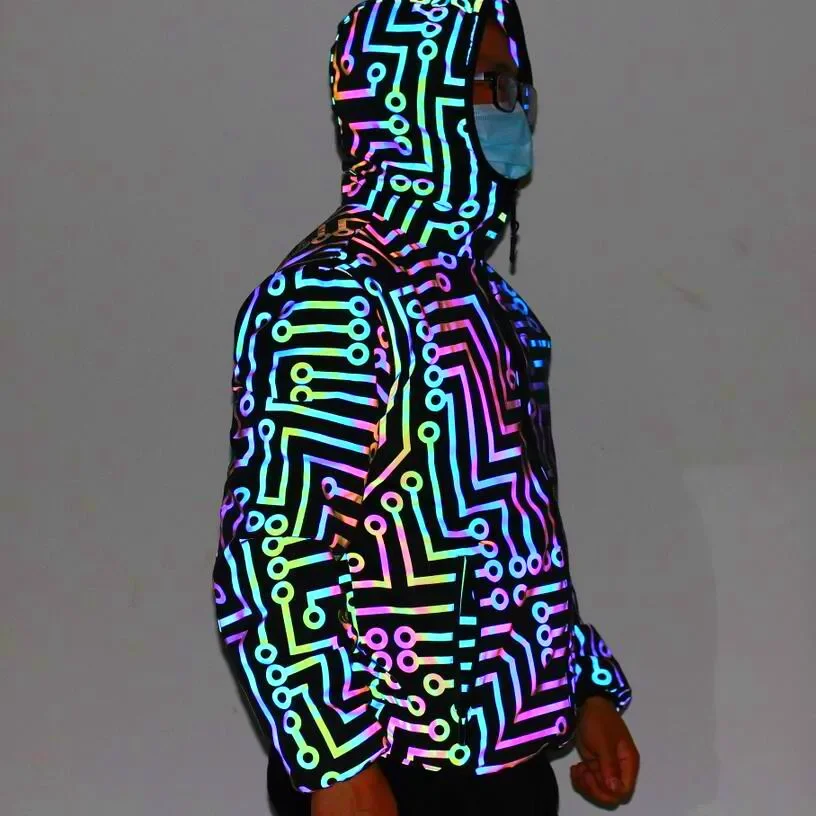 Men geometric circuit lines colorful reflective jackets hip hop windbreaker men's reflect light casual coats jaqueta masculina