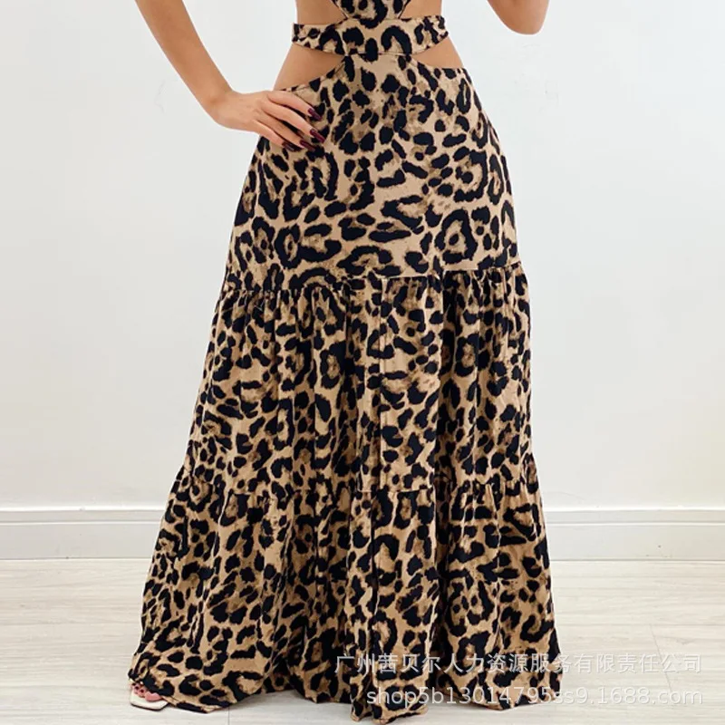 Sling Summer Dresses Women Leopard Long Halter Spring Maxi Party Prom Dress Night High Waist Casual Sexy Elegant Vestidos