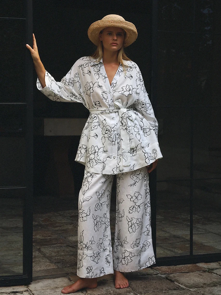 Marthaqiqi Autumn Female Nightwear Set Long Sleeve Nightgowns Turn-Down Collar Pajamas Pants Loose Women Sleepwear 2 Piece Suit