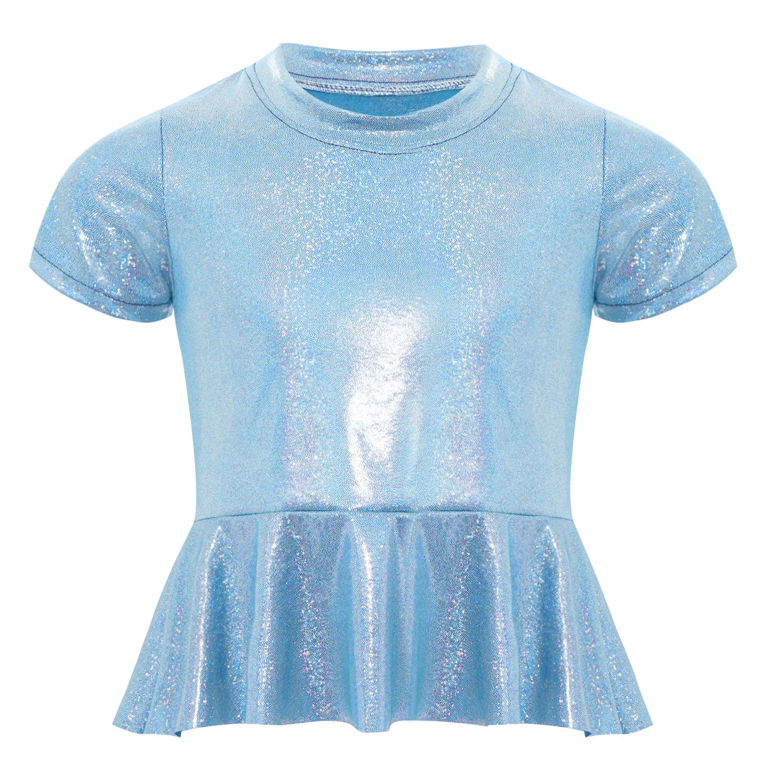 

Детские топы с баской металлик для девочек, топы для черлидинга, джазовых танцев, сценический костюм для вечеринки, футболка с круглым вырезом и короткими рукавами, топы