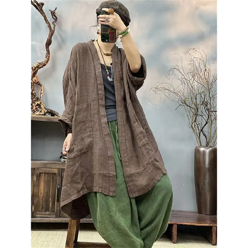 

2024, весенне-летняя ветровка, пальто, женская модная верхняя одежда с карманами, свободный кардиган большого размера, женский Тренч средней длины