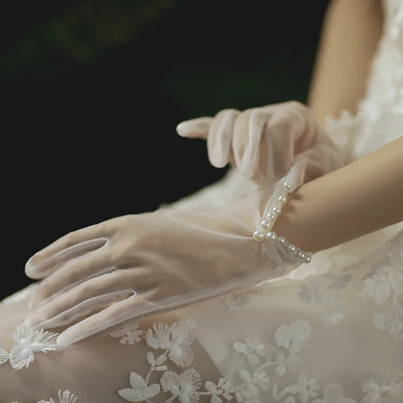 Exquisite Wedding Bridal Short White Lace Gloves Pearls Ruffle Edge Women Ladies Bride Bridesmaid Finger Wrist Handschuh image 2