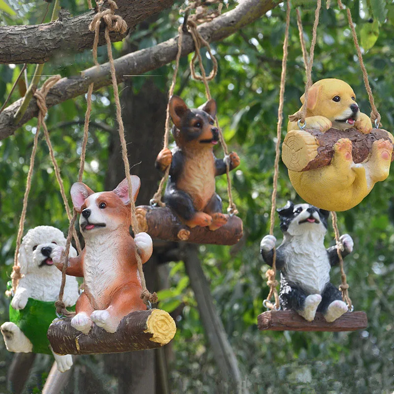 Simulation Border Collie Teddy Labrador Corgi Swing Dogs Resin Decorations Homestay Villa Ornaments Garden Tree Sculpture Crafts