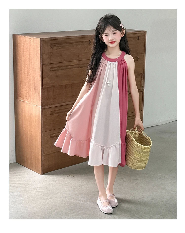 Mädchenkleid mit süßem Farbblock-Design für Sommerkostüme, Baumwolle, hohe Qualität, Kinderkleidung für Alter 7 8 9 10 12 14 Jahre – Detail 10