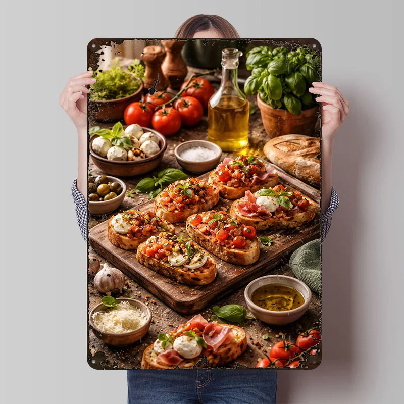 Italian Bruschetta With Tomatoes Metal Poster Customized Wall Art Retro Vintage Tinplate Signs for Man Cave Bathroom Decor Room
