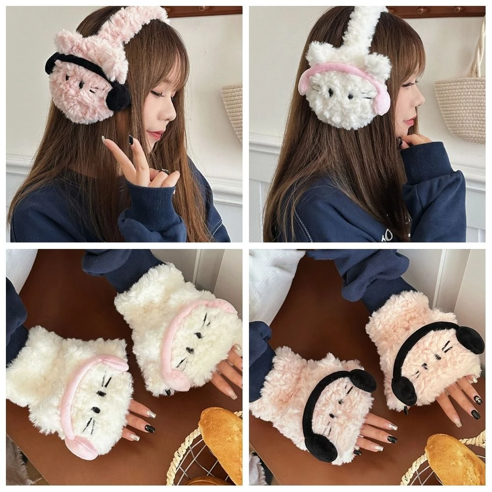 Soft Cat Half Finger Gloves Windproof Keep Warm Winter Plush Earmuffs Flip Earflap Fingerless Gloves Girls