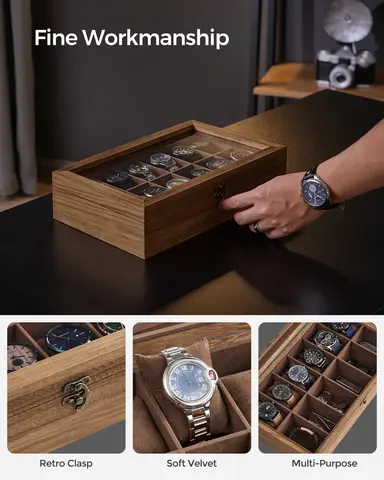 SONGMICS Klocklåda, Klockfodral med 12 fack, Klocklåda i massivt trä med glaslock, Klockdisplay med avtagbara kuddar 8 best sales 12-fack klocklåda - №6