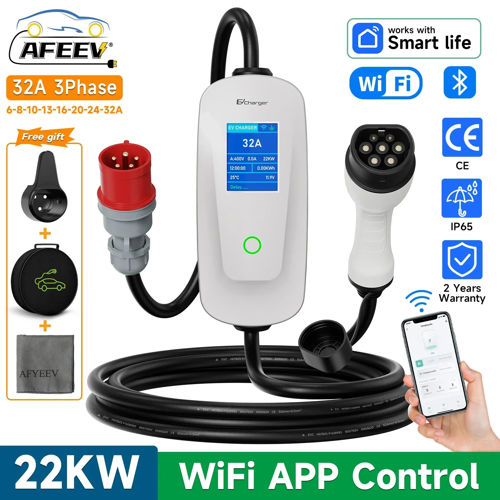 AFEEV Type 2 Portable EV Charger 22KW 32A 3Phase Wallbox IEC62196-2 EVSE Fast Charging Cable CEE Plug WIFI APP Bluetooth Control