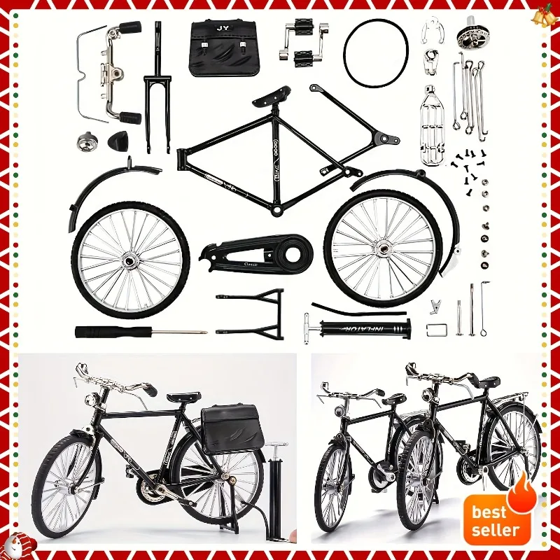Detailed Vintage Simulation Bicycle Model Kit Equipped with Mini Air Pump & Luggage, Classic Retro Desktop Figurine, Premium Gif