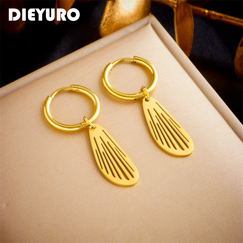 DIEYURO 316L Stainless Steel Gold Color Insect Wing Pendant Earrings For Women Girl New Trend Ear Buckle Non-fading Jewelry Gift