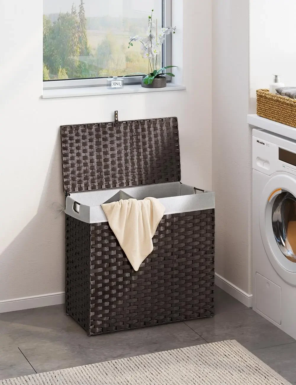 

Laundry Hamper with lid, No Install Needed, 130L Wicker Laundry Baskets Foldable 2 Liner Bags, 2 Section Clothes Hamper, Brown