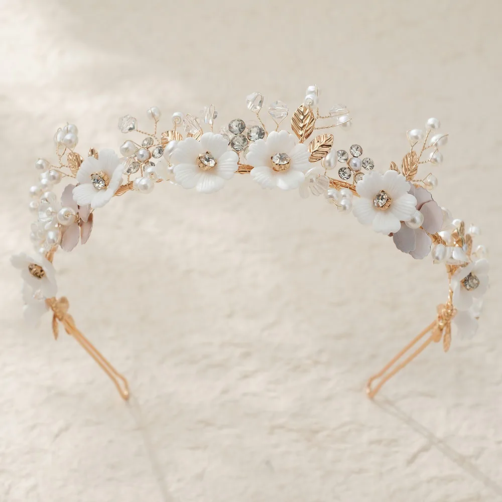 

SLBRIDAL Handmade Crystal Rhinestones Pearls Flower Leaf Bridal Tiara Headband Wedding Crown Hair Accessories Women Girl Jewelry