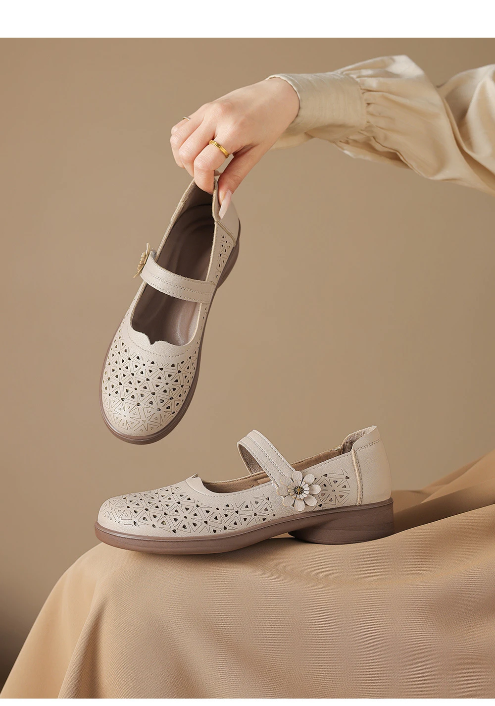 Mary Jane Schuhe in Übergröße 42 für Damen, atmungsaktive Mokassins mit Ausschnitten, florale Einriemen-Slipper mit niedrigem Absatz für lässiges Gehen – Detail 16