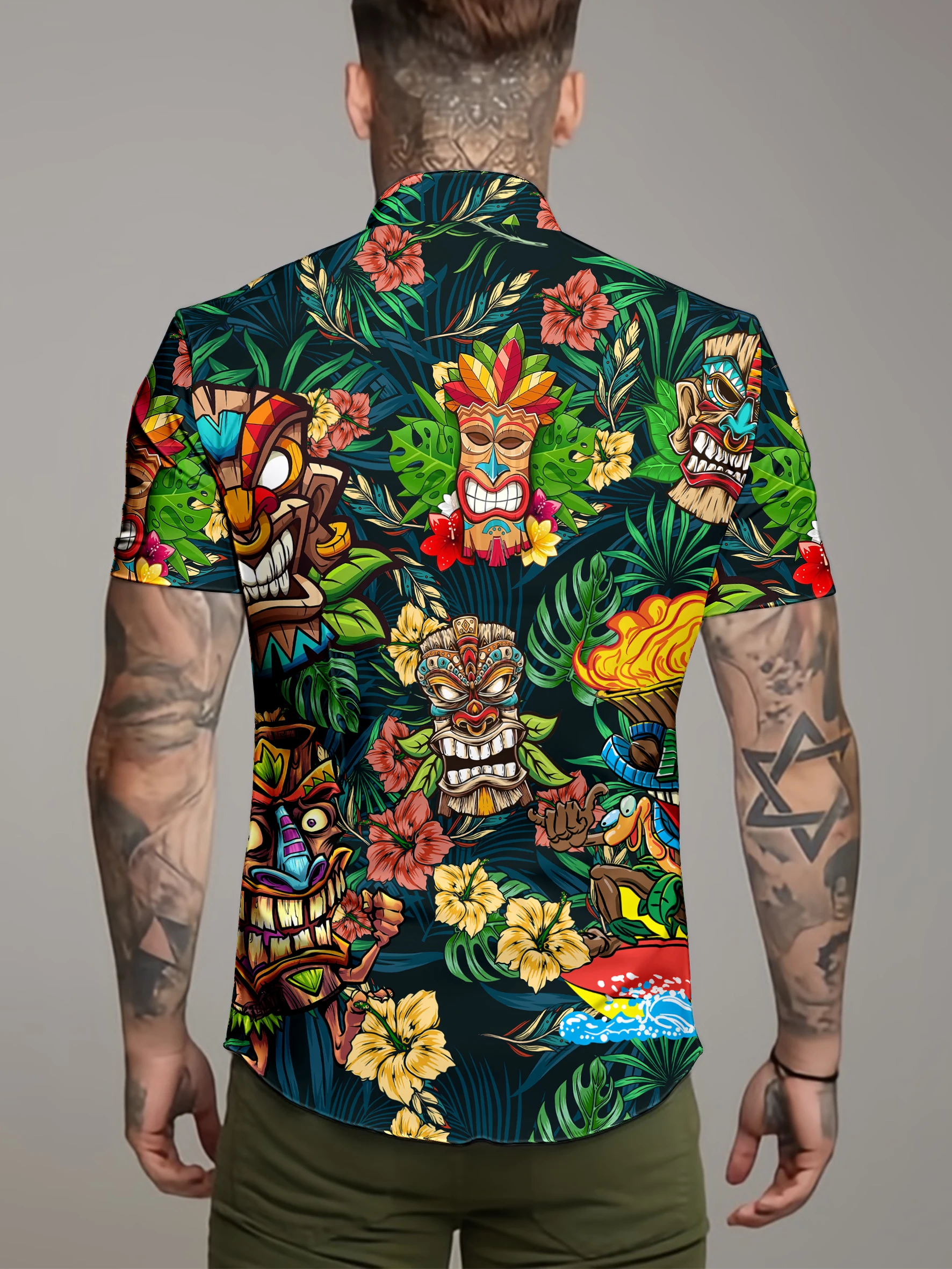 Fashionable European Size Summer Palm Leaf Totem Mask 3D Printed Hawaiian Beach Leisure Party Street Men\'s Short sleeved Shirt