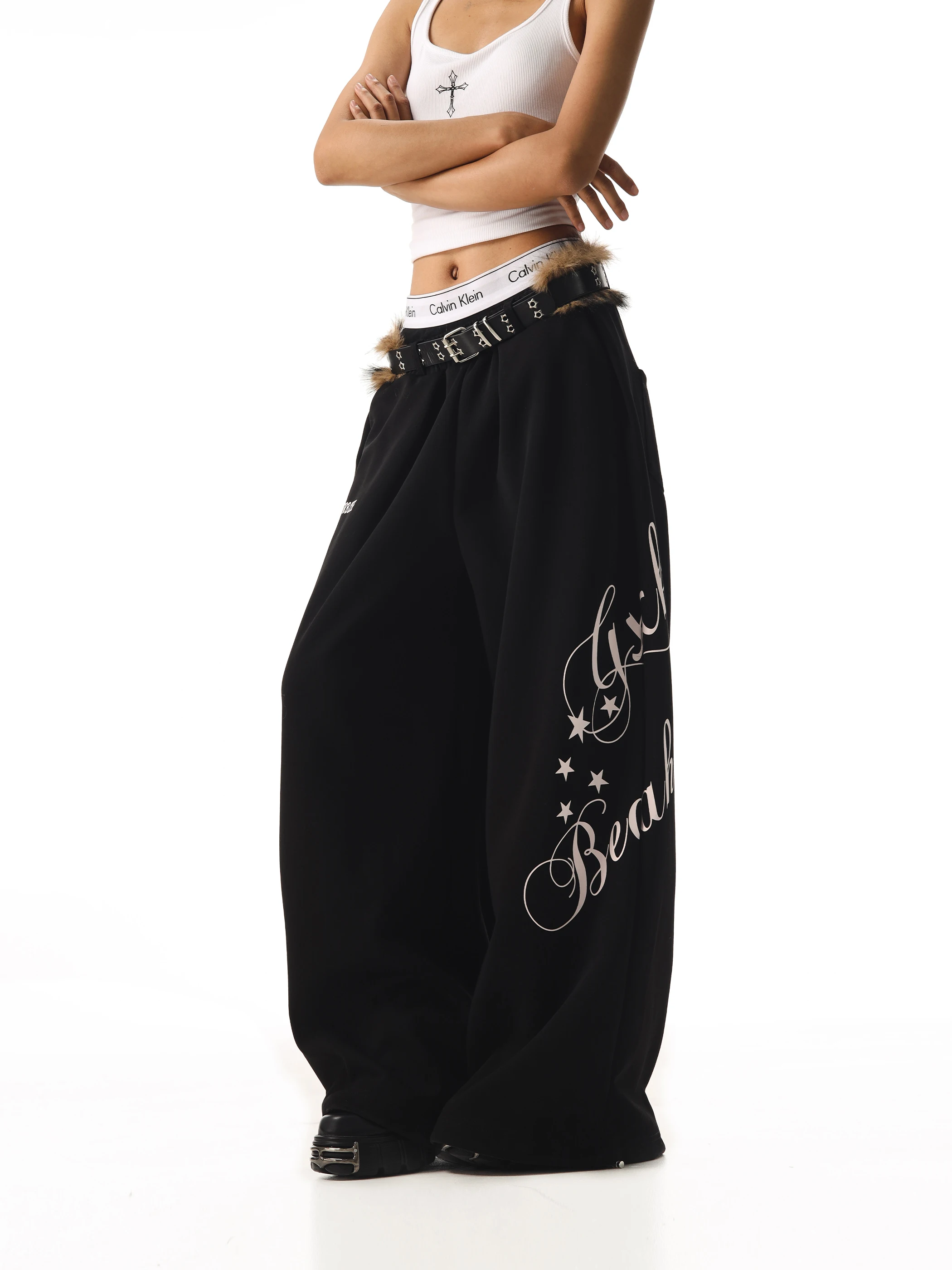 American Style Wide Leg Sweatshirt Women Loose Casual Match Belt Floor Length Pants Beer Captain C Beer Captain Design