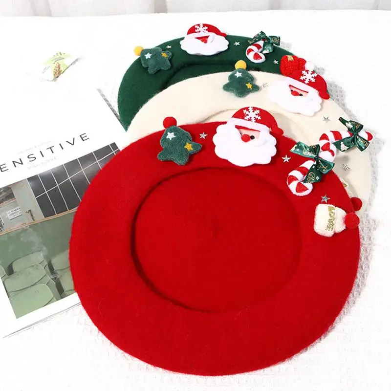 Christmas Hat Red Green Beret Female Winter Headwear Xmas Party Dress Up New Year Gifts Sweet Girl Women Wool Tweed Beret Cap