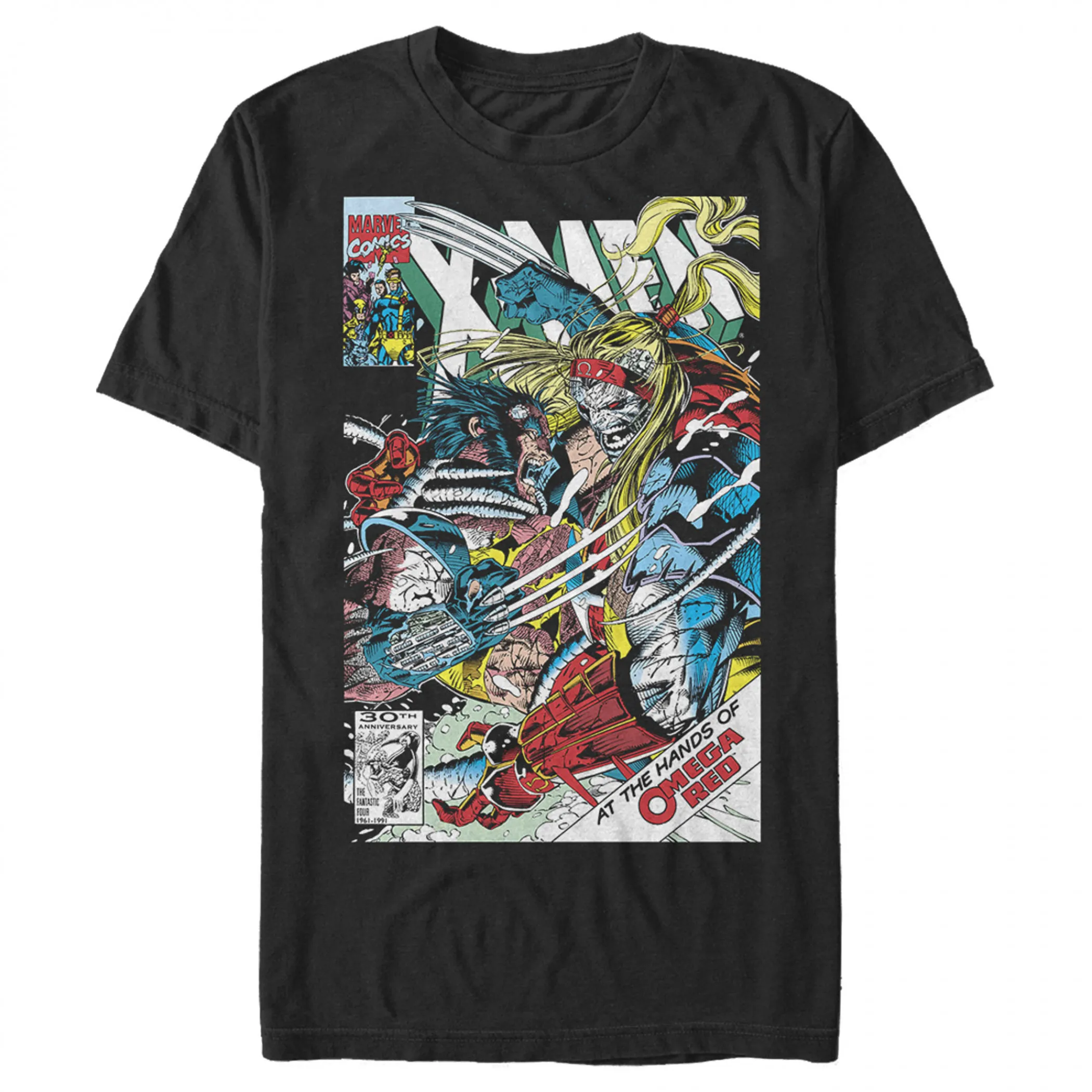 Camiseta Negra con Estampado de X-Men para Hombre, con una Escena de Batalla Roja entre Wolverine y Omega, un Cómic Retro para Fanáticos de Marvel