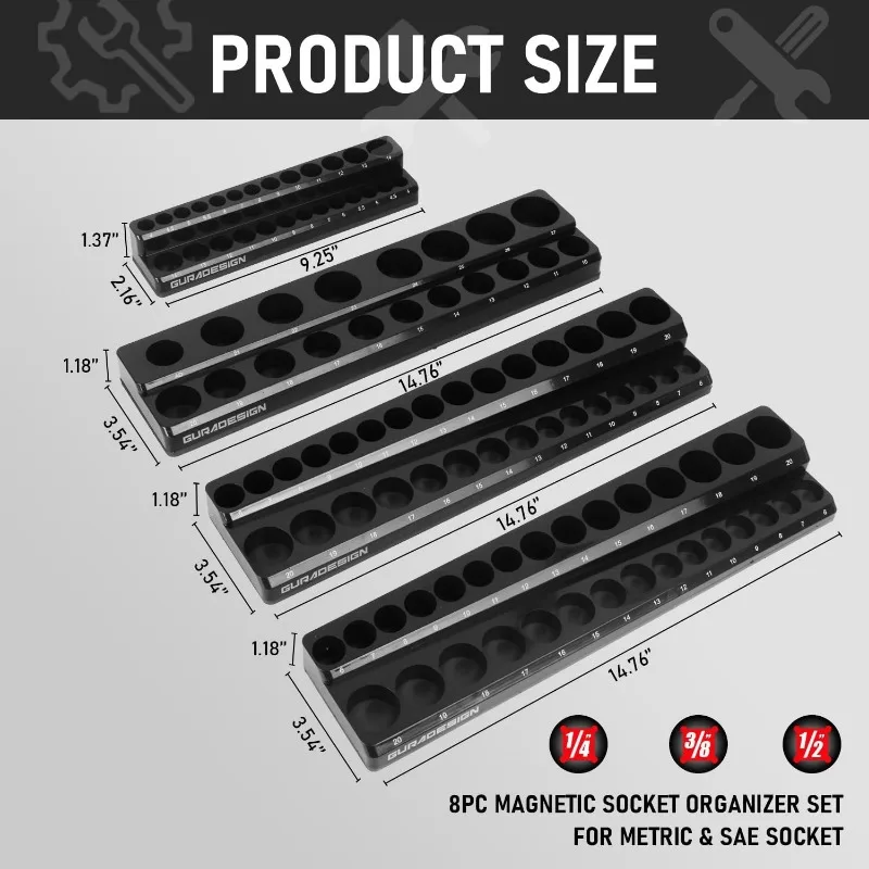 8PCS Magnetic Socket Organizer Set, Magnetic Socket Holder, 1/4