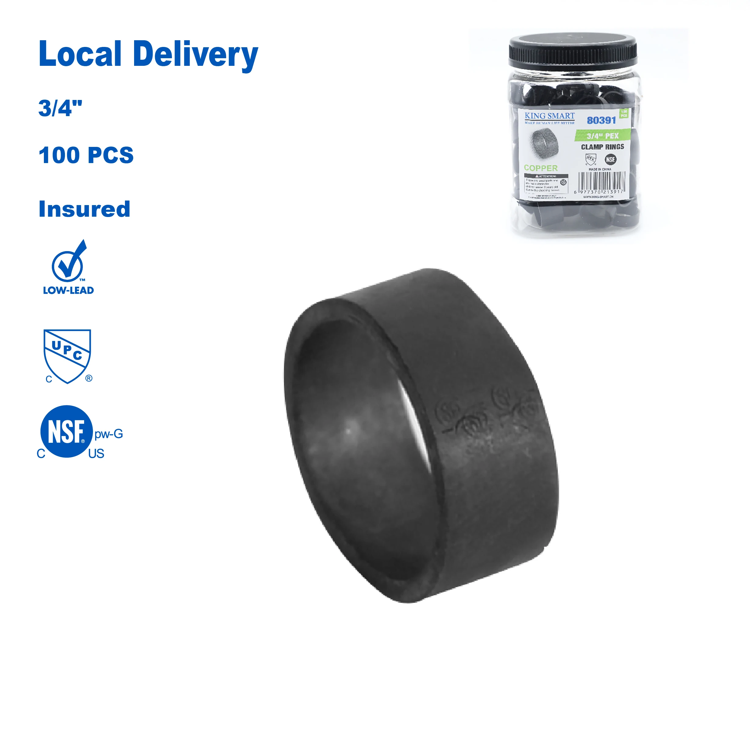 

Медные кольцевые фитинги KING SMART 3/4" Crimp/F1807 PEX B, сертифицированные CUPC NSF, без свинца; подходят для труб PEX B/C, PERT; 100 шт.; 80391