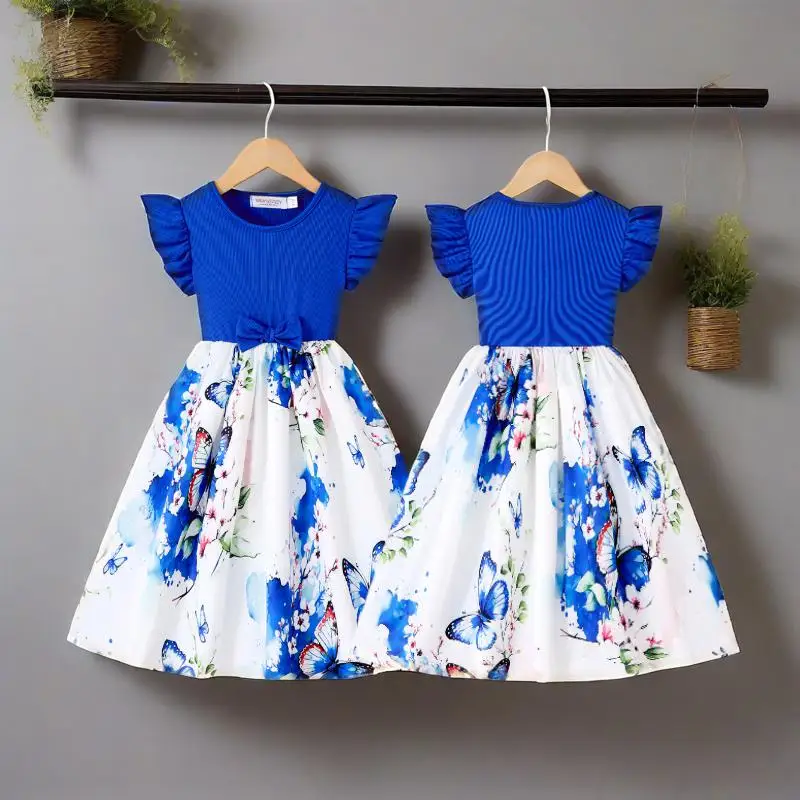 

2025 Girl's Butterfly Print Dress Elegant Blue Spliced ​​Costumes Ruffle Sleeveless Bow High Waist Casual Princess Dresses