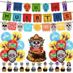 Mexico Day of The Dead Theme Skull Banner Multicolor Mexican Photography Backdrop with Photo Booth Props Party Decorations