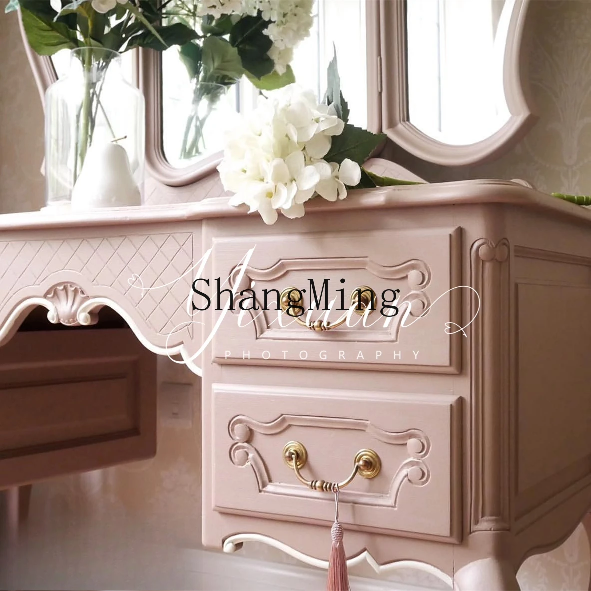 

FG retro pink solid wood carving flower dressing table modern bedroom home ladies makeup table furniture