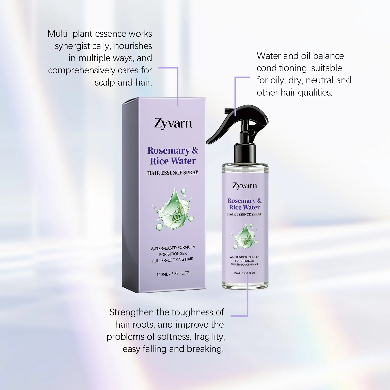 Rosmarin-Reiswasser Haarspray Volumenverstärkend Glättend Leave-In Pflege Ölkontrolle Erfrischende Kopfhaut-Essenz für Feines Haar 100ml – Detail 5