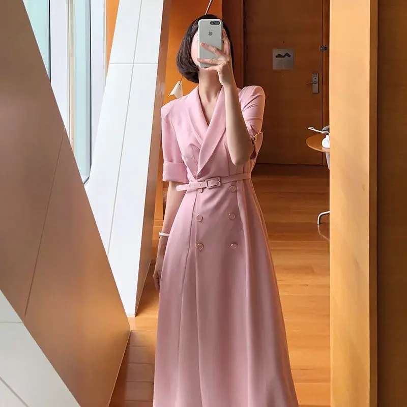 2025年春 レディース ダブルブレスト ドレス - ベルト付きトレンチドレス、エレガントなラペルミディドレス、オフィスカジュアル outfits