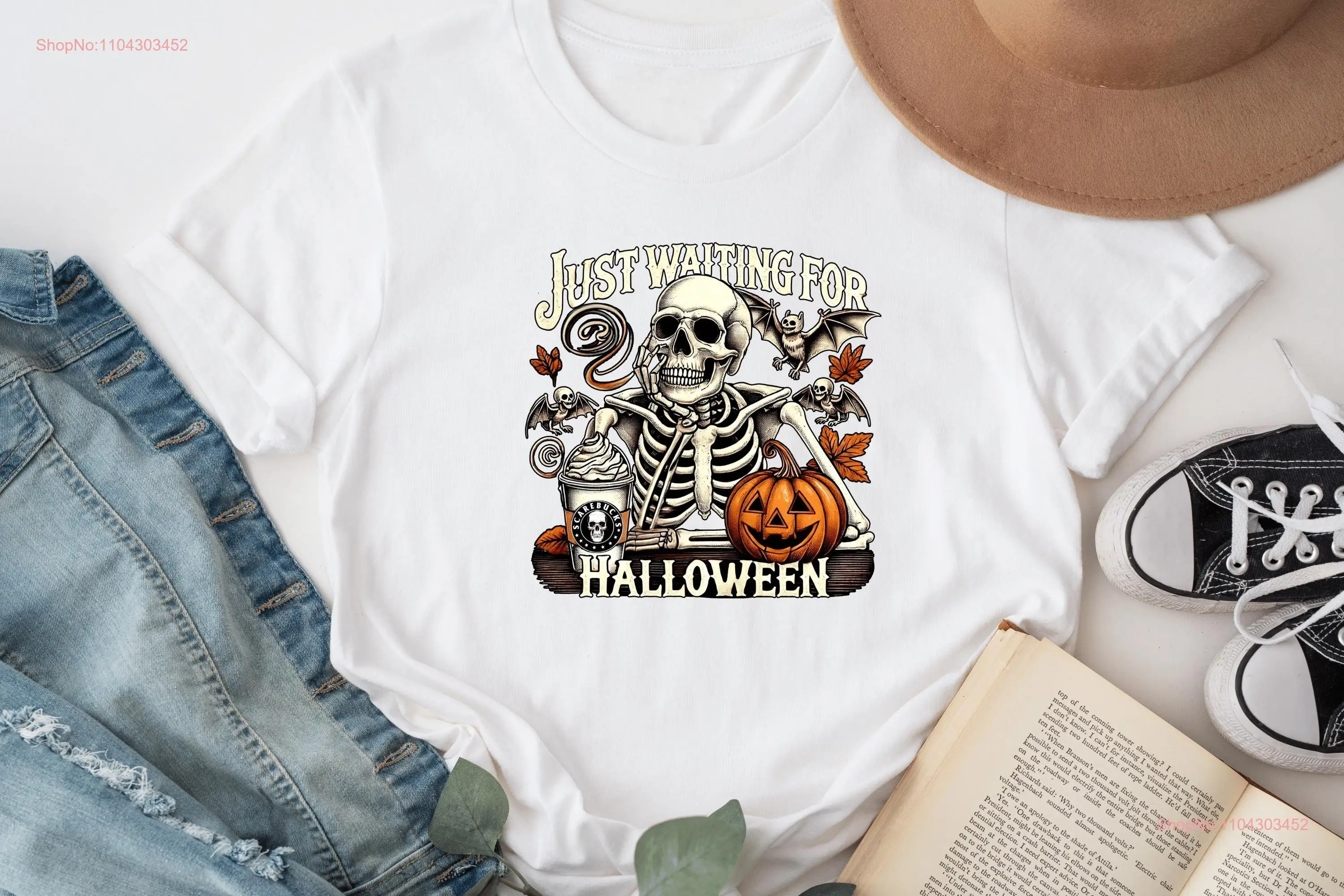 Just Waiting For Halloween T Shirt Skeleton Funny Skull Spooky Summer long or short sleeves