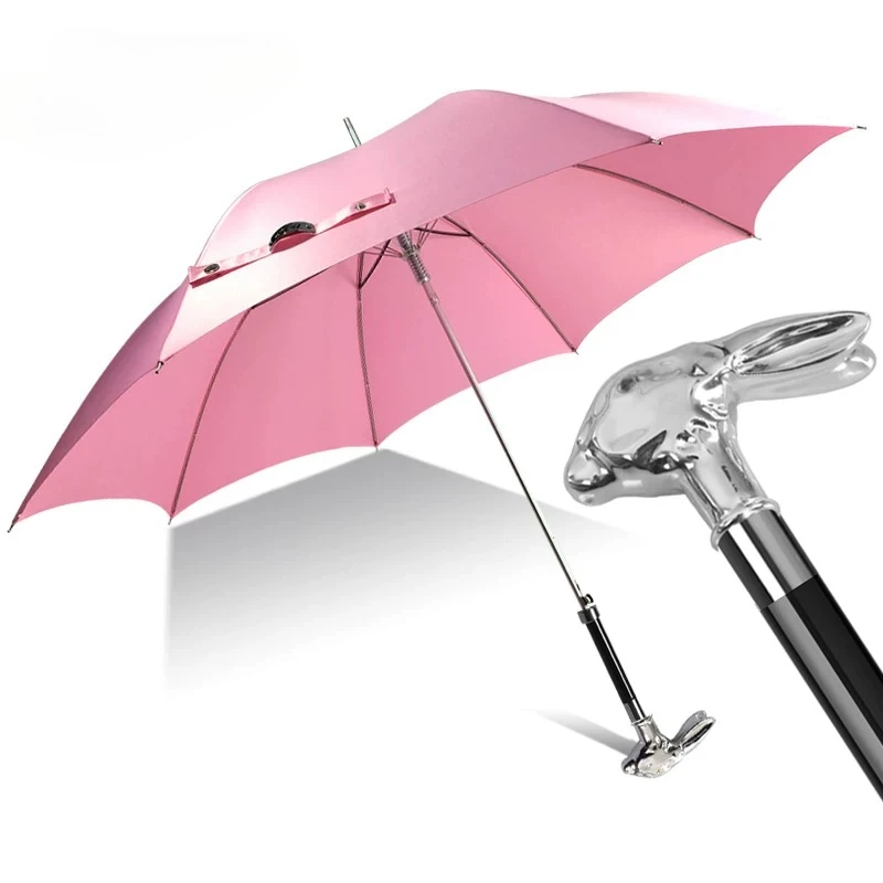 Silver Rabbit Head Long Handle Umbrella Vintage Gentleman Style Rain Sun Parasol with UV Protection Elegant Travel Umbrellas