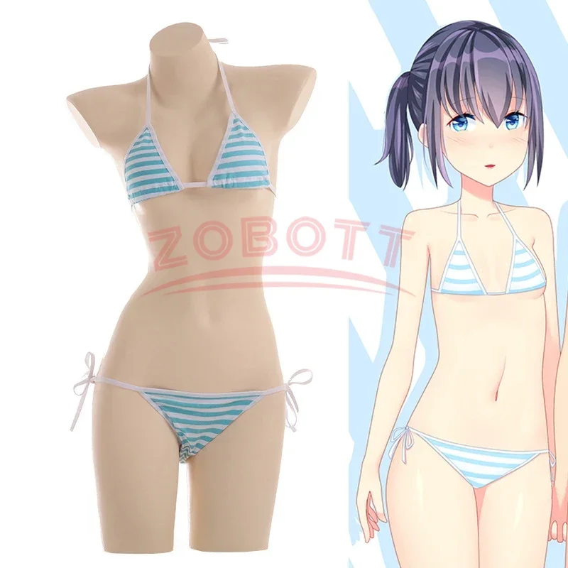 Anime Miku Kawaii Mini Bikini Cosplay Blue White Striped Micro Bikini 2019 Swimming Suit for Women Tie Side Swimsuit Set