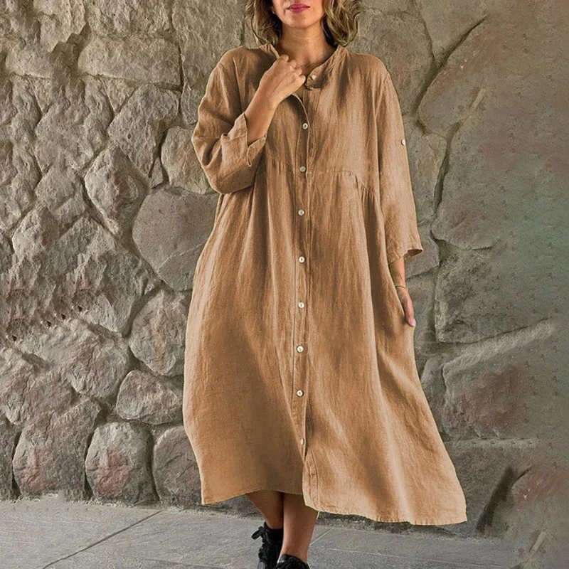 

2023 Female Dress Spring Summer New Three Quarter Sleeve Soild V-neck High Waist Button Pocket Fashion Casual Loose Women Dress