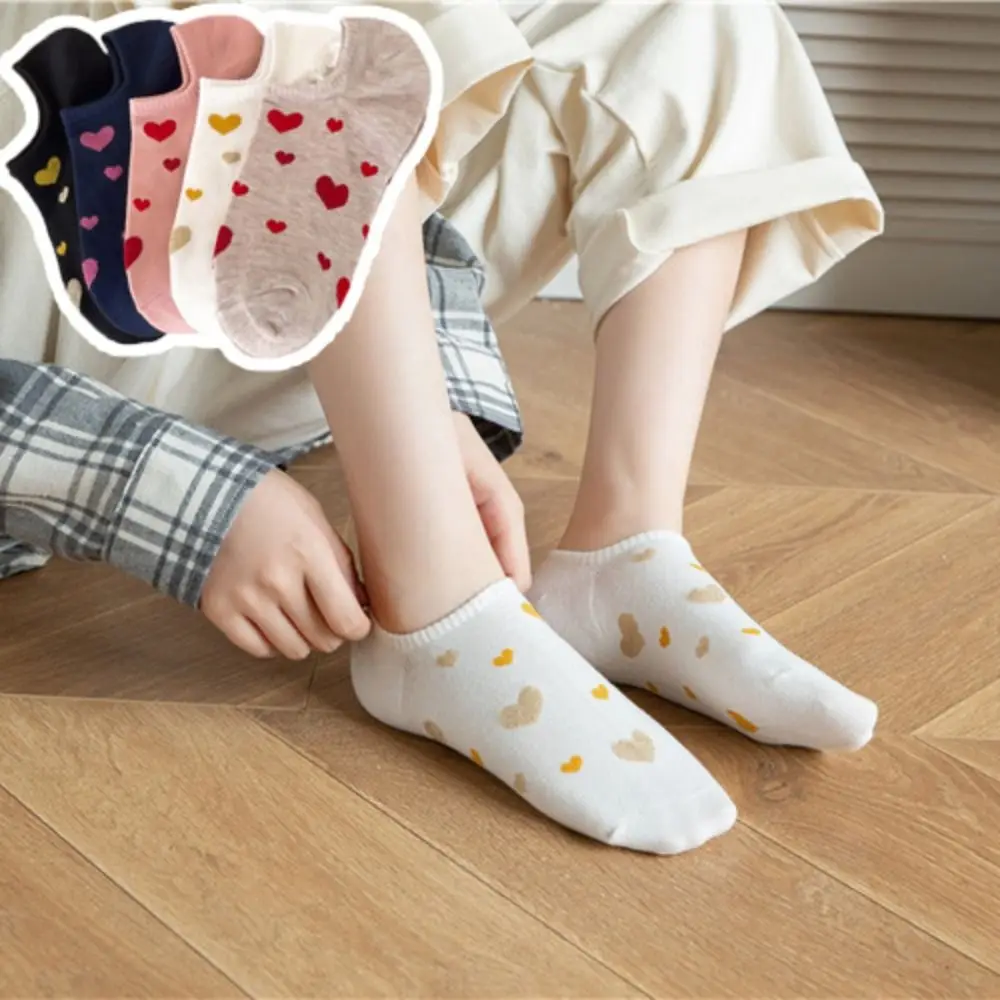 

5Pairs Sweet Heart Flower Boat Ankle Socks Hamburger Cotton Love Short Socks Female Hosiery Anti-slip Women's Socks Girl