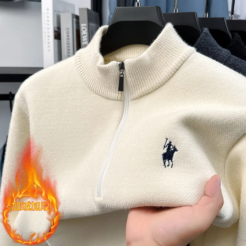 

High quality velvet zipper stand up collar sweater men's winter trend designer luxury brand Paul embroidery warm knit pullover