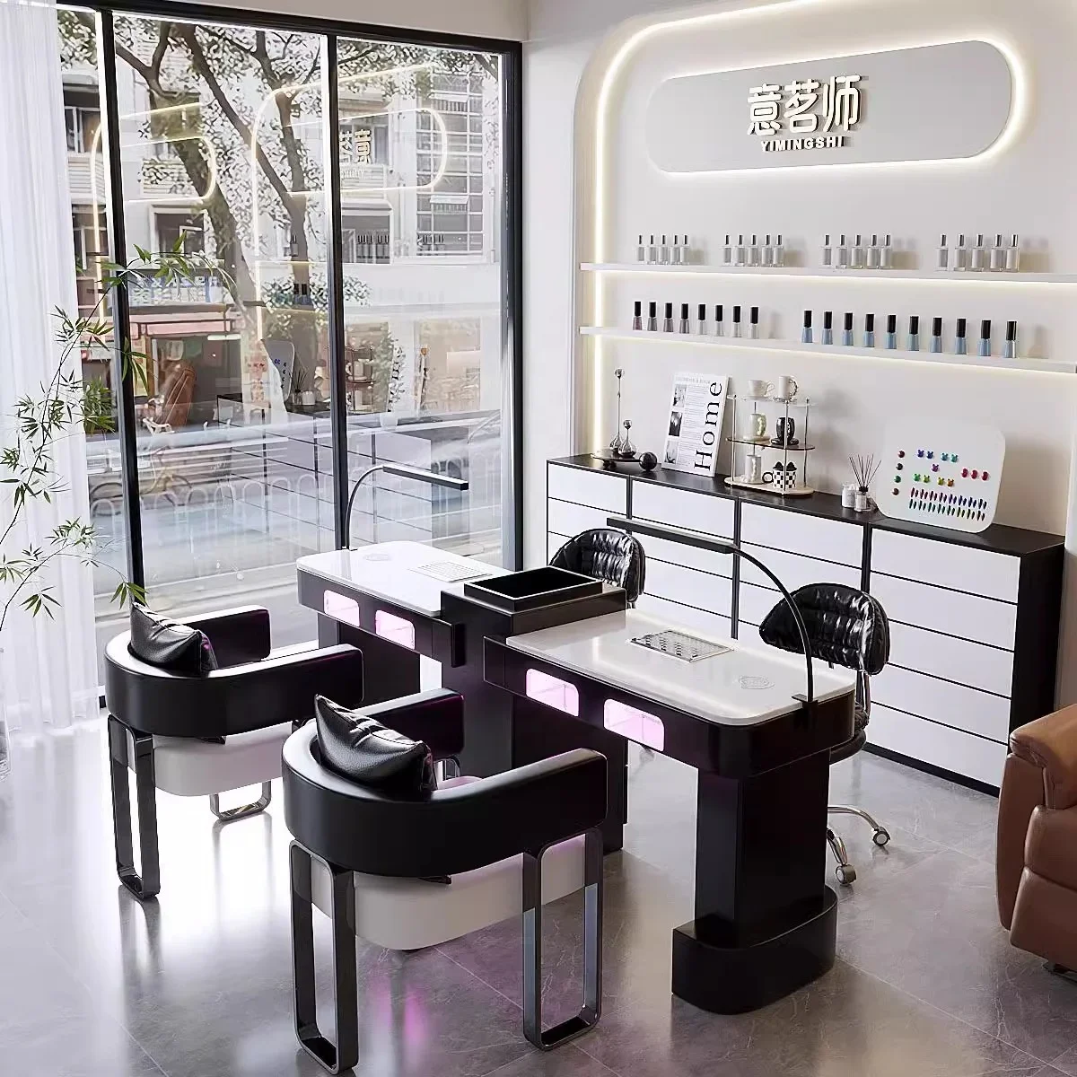 Modern Light Luxury Black Salon Furniture Equipment Beauty Lash Manicure Table Salon Nail Table and Chair Stool Set