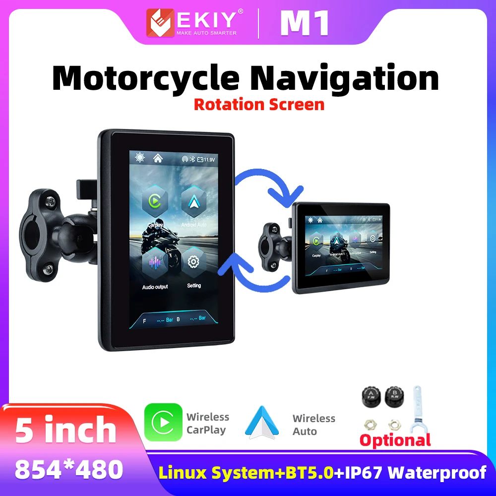 EKIY  5 inch Rotatable Motorcycle Screen GPS Navigation Motorcycle Waterproof Wireless Android Auto Carplay Display Monitor TPMS