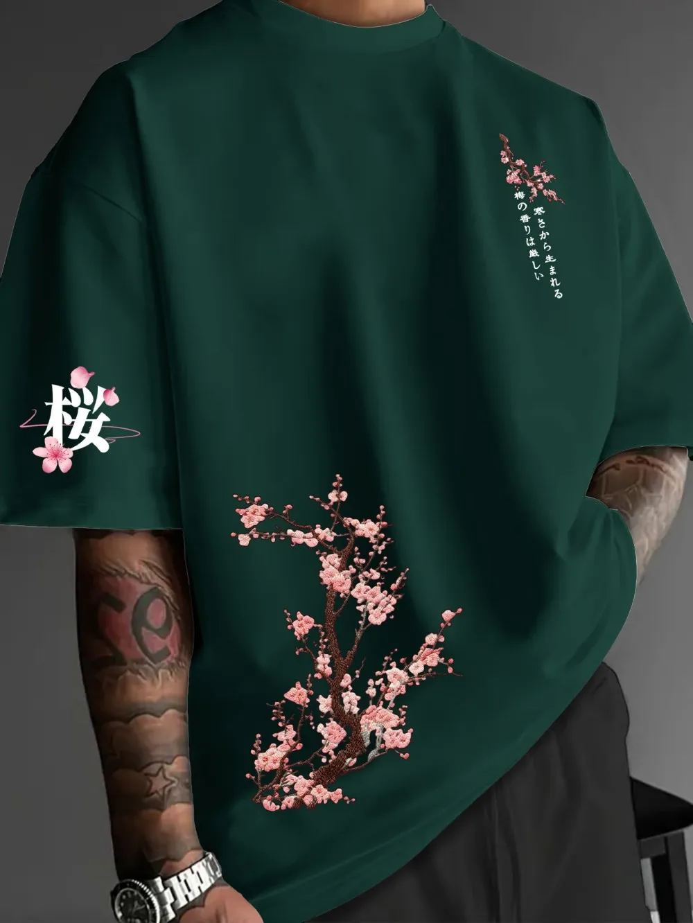 European and American men's summer letter cherry blossom print micro elastic breathable round neck Tshrit outdoor casual top