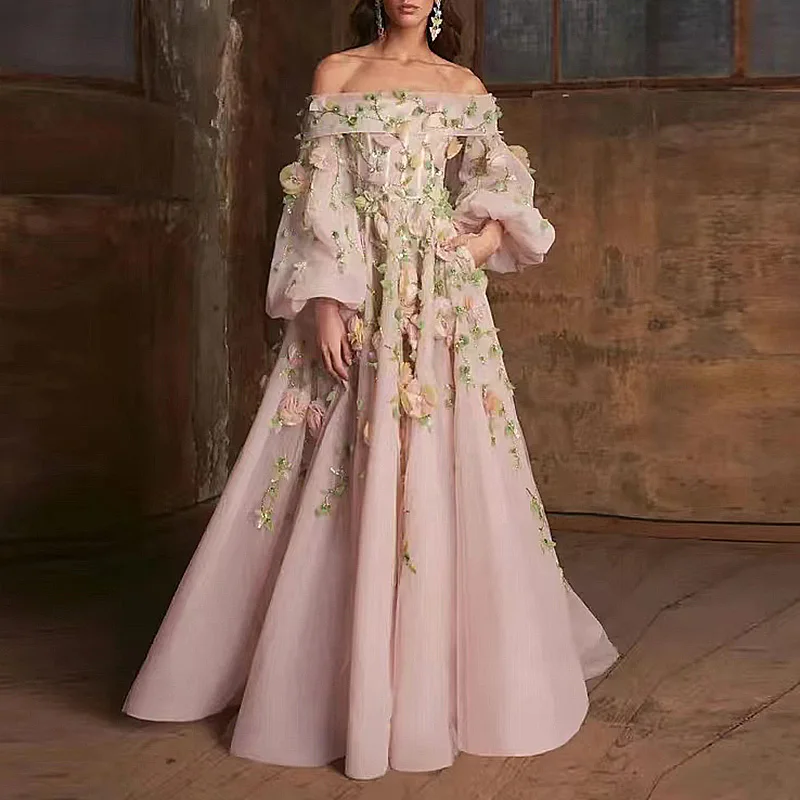 3D Flowers Beads Prom Dresses for Women Long Sleeve Floor-Length A-Line Special Events Wedding Gala Evening Graduation Gown 2023