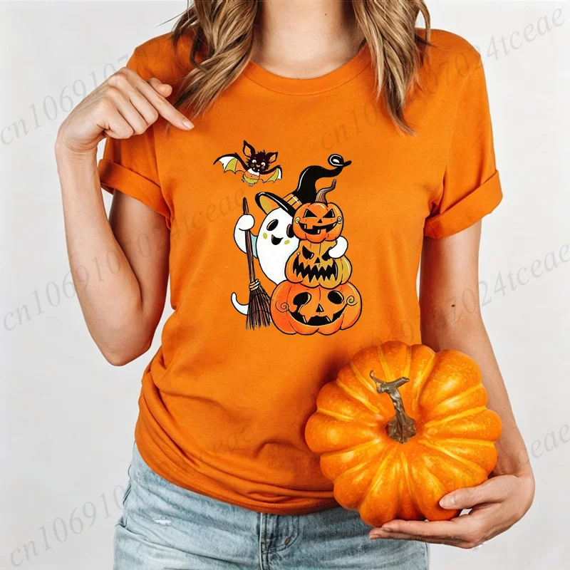 T Shirt Women Halloween Cute Black Cat in Pumpkin Print Graphic Tees Spooky Season T-Shirts Family Holiday Party Tee Tops Gifts
