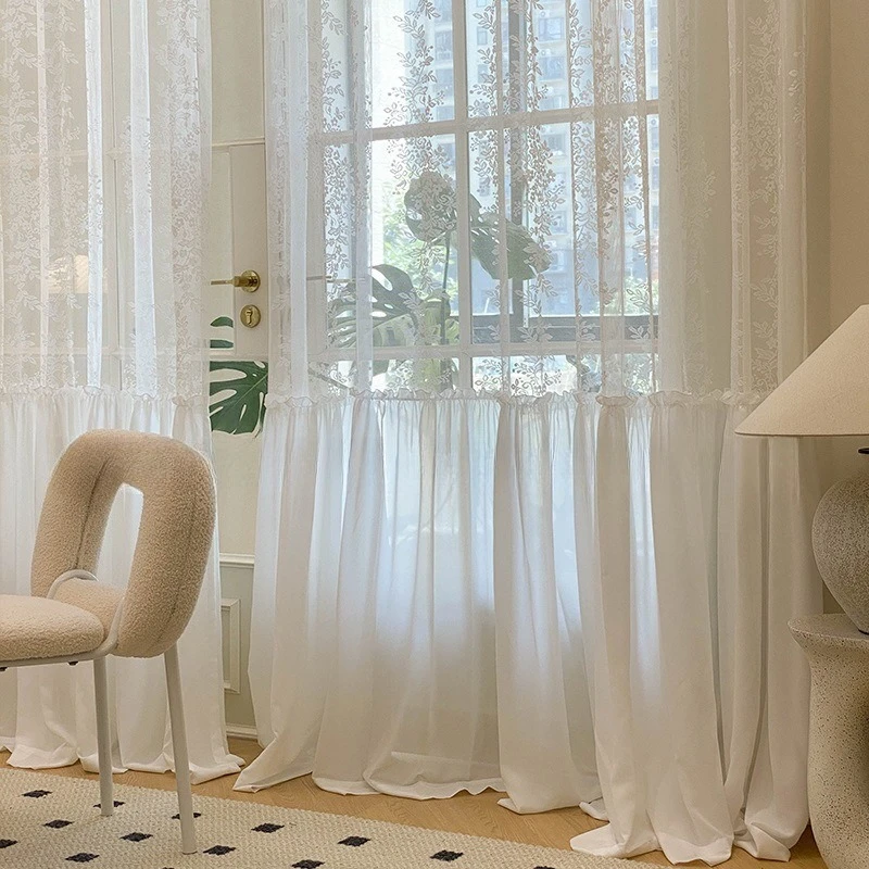 

French Skirt Willow Leaf Floral Lace Living Room Bedroom Bay Window Romantic Retro Light Luxury Curtain Gauze Curtain