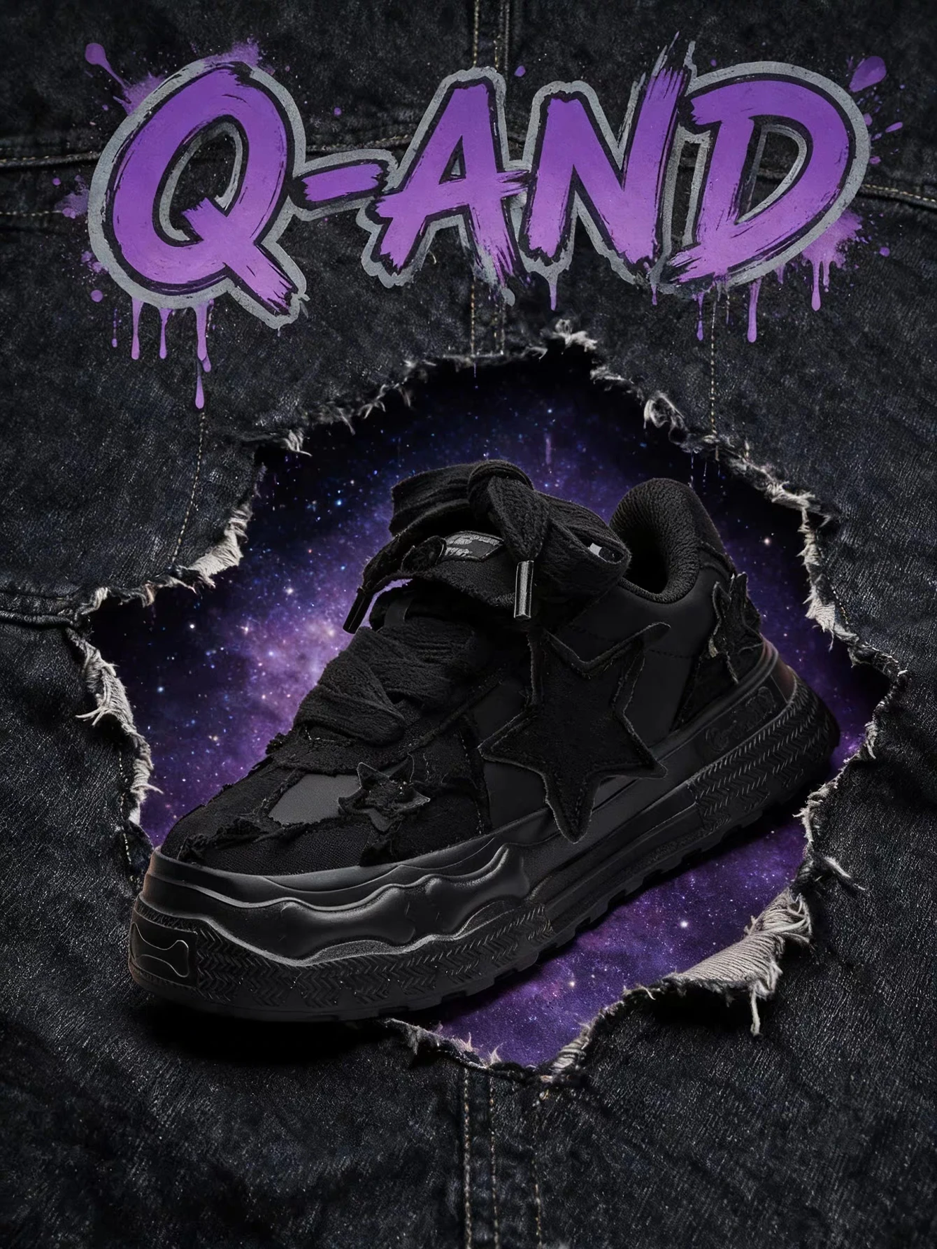 Dark wasteland style black star board shoes detachable skin friendly fabric skateboard shoes thick soled casual shoes anti slip